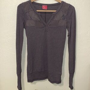 Free People Gray Henley Patchwork  Top